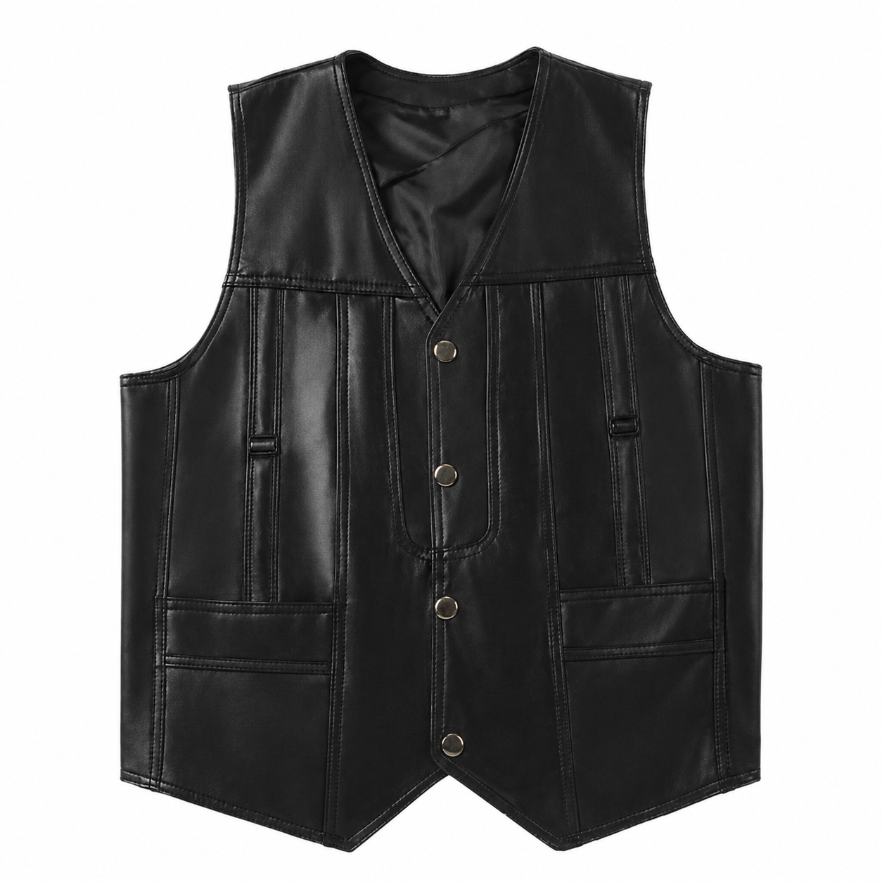Men's Black Leather Vest Motorcycle Biker Snap Front Classic Slim Fit Sleeveless Waistcoat Vest