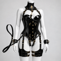 Women’s PVC Glossy Corset Harness Bodysuit Gothic Buckle Bustier Steampunk Fetish(With Handcuffs & Leash)