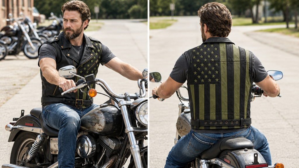 Men Genuine Leather USA Flag Vest Biker Motorcycle Belted Vest