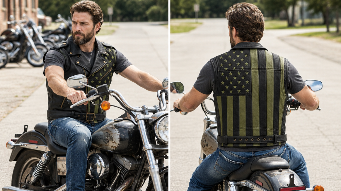 Men Genuine Leather USA Flag Vest Biker Motorcycle Belted Vest