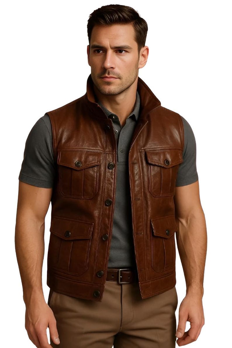 Handmade Brown Leather Biker Vest Men's Motorcycle Style Slim Fit Waistcoat Vest