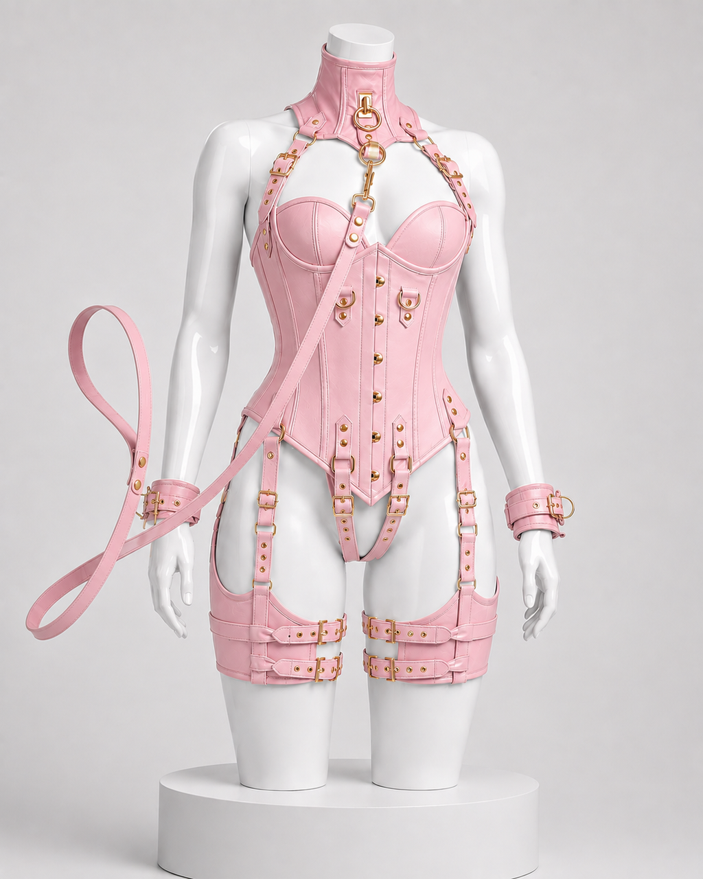 Women’s Leather Corset Harness Bodysuit Gothic Buckle Bustier Steampunk Fetish (With Leash & Handcuffs)