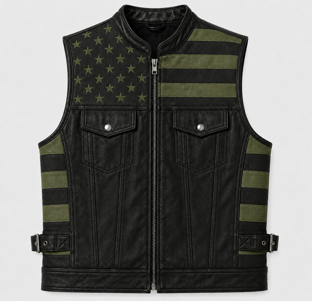 Men's Genuine Leather USA Flag Vest Motorcycle Biker Sleeveless Riding Vest