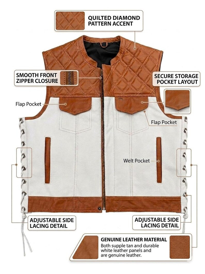Men Leather Denim Motorcycle Vest Diamond Quilted White Brown Biker Riding Vest