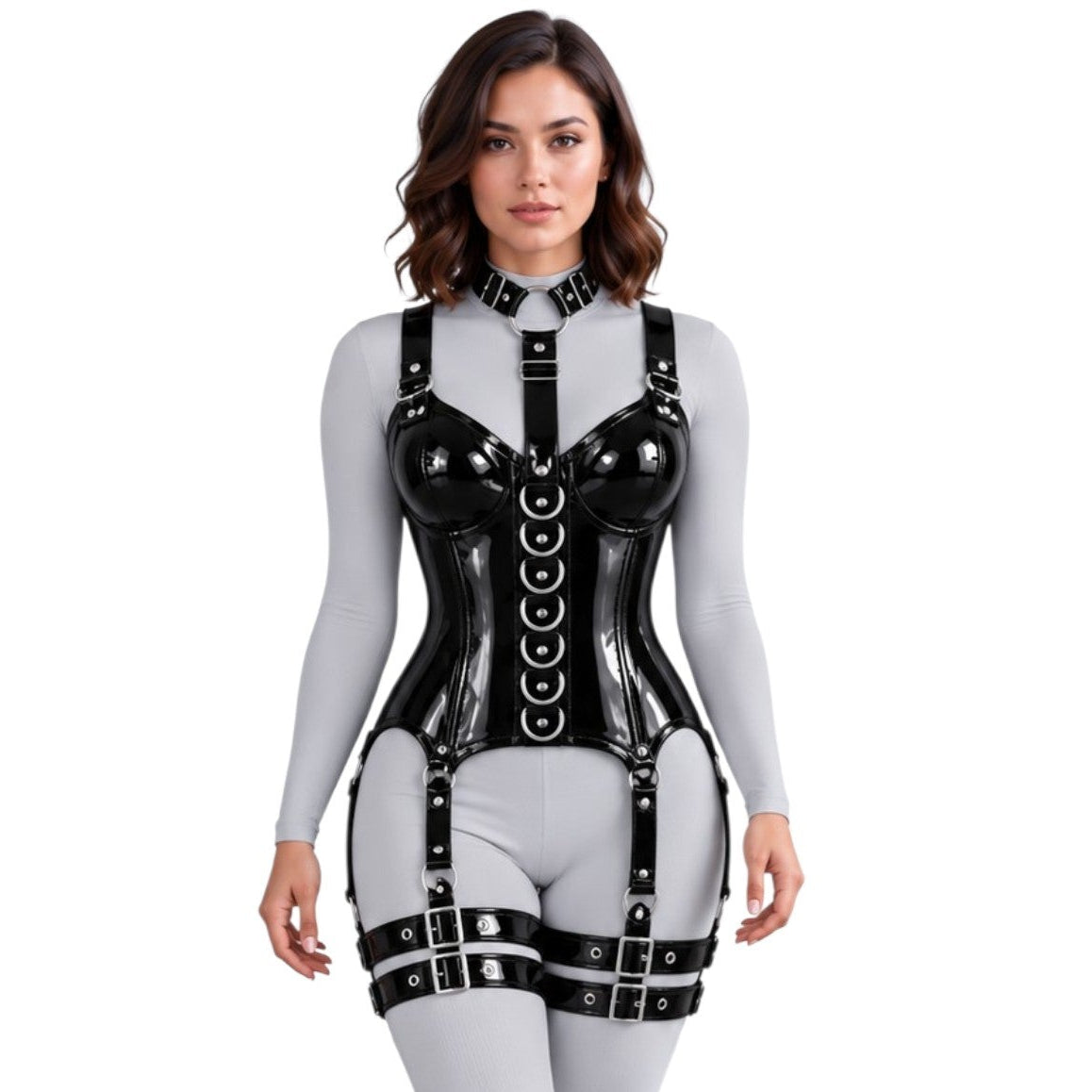 PVC Gloss OverBust Corset Harness Bodysuit Gothic Buckle Bustier Steampunk Fetish