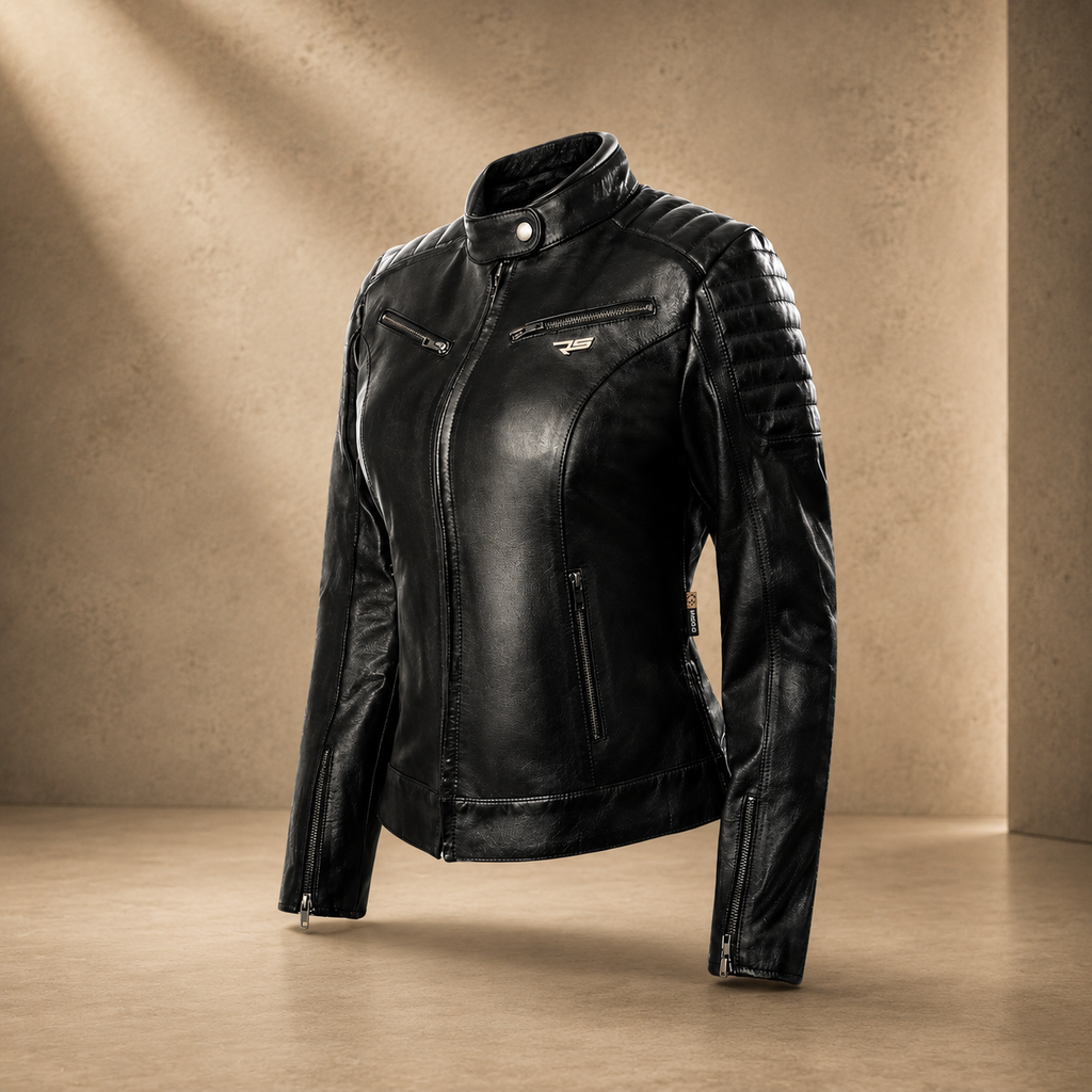 ALICE Women Leather Cafe Racer Jacket Vintage Padded Shoulder Biker Armor Coat