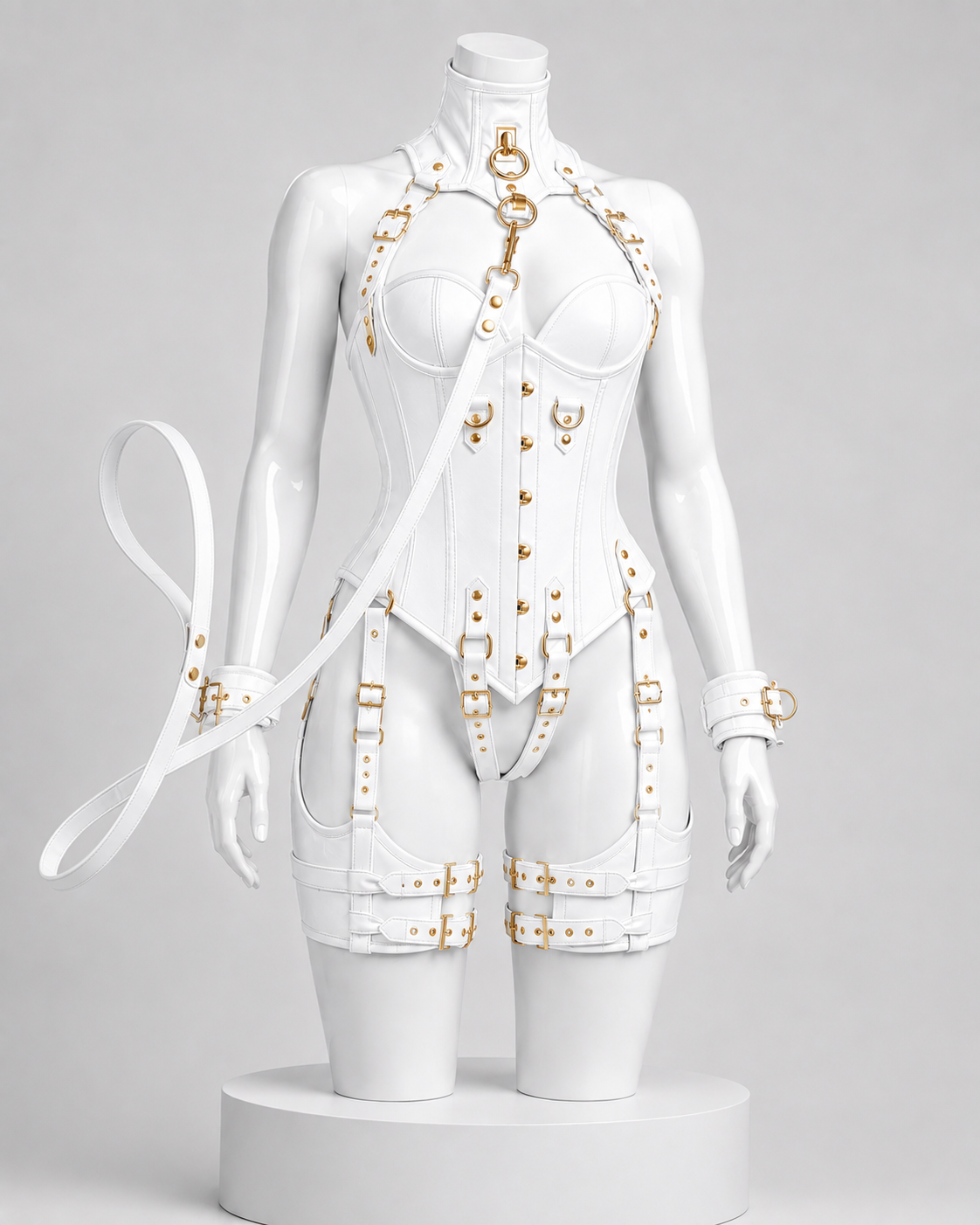 Women’s Leather Corset Harness Bodysuit Gothic Buckle Bustier Steampunk Fetish (With Leash & Handcuffs)