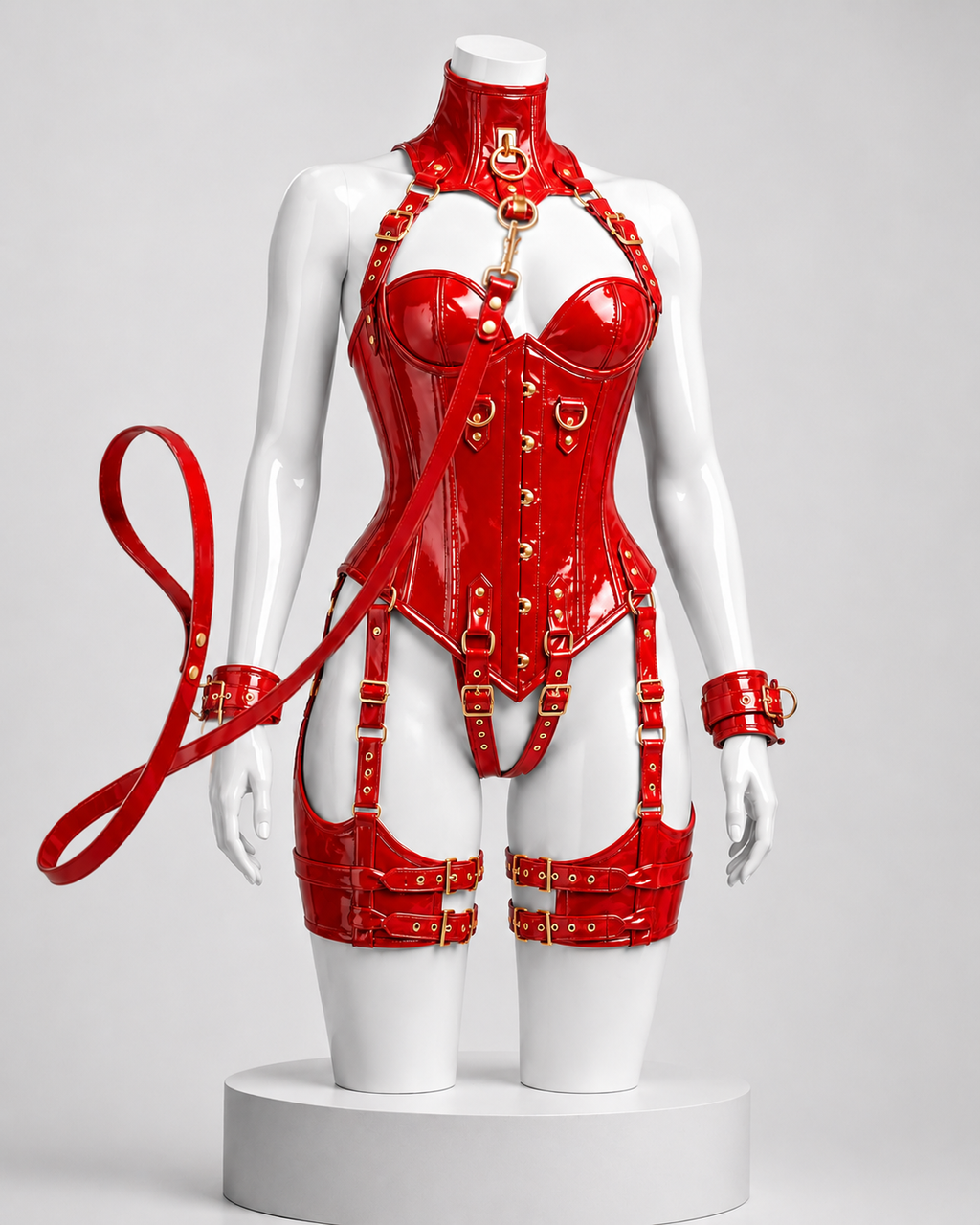 Women’s PVC Glossy Corset Harness Bodysuit Gothic Buckle Bustier Steampunk Fetish(With Handcuffs & Leash)