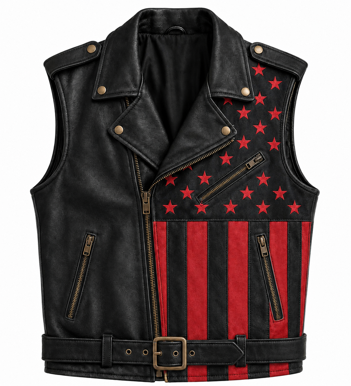 Men Genuine Leather USA Flag Vest Biker Motorcycle Belted Vest