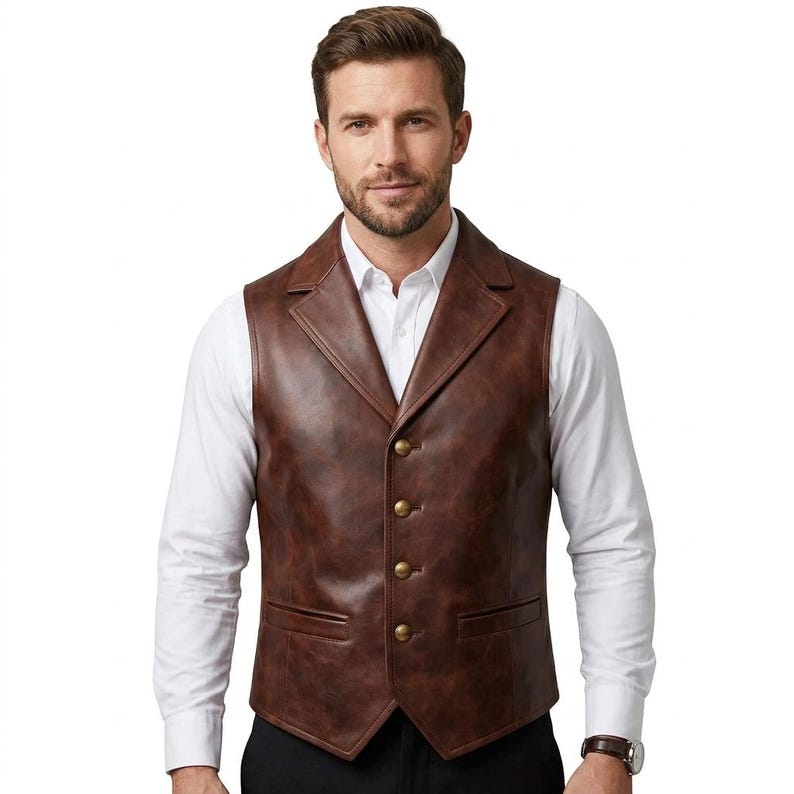 Handmade Men's Brown Real Leather Vest Classic Formal Vintage Style Slim Fit Vest