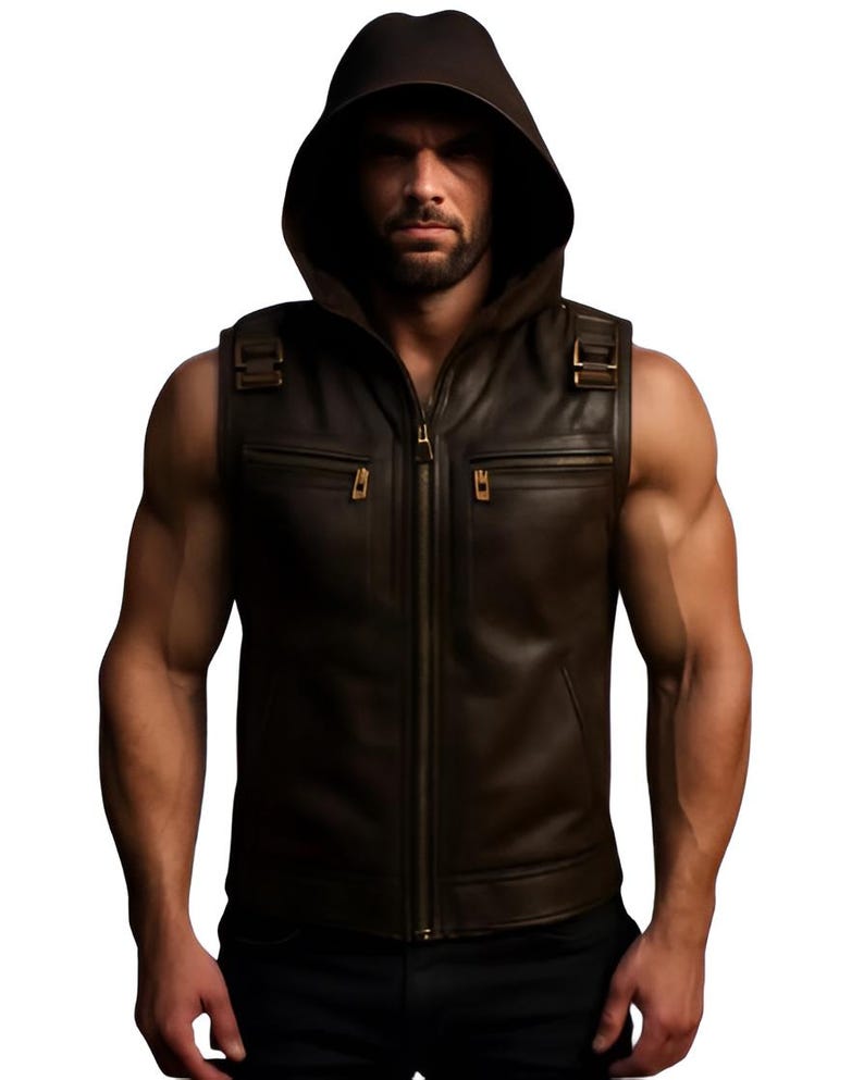 Men's Hooded Leather Vest Dark Brown Zipper Slim Fit Casual Streetwear Sleeveless Vest