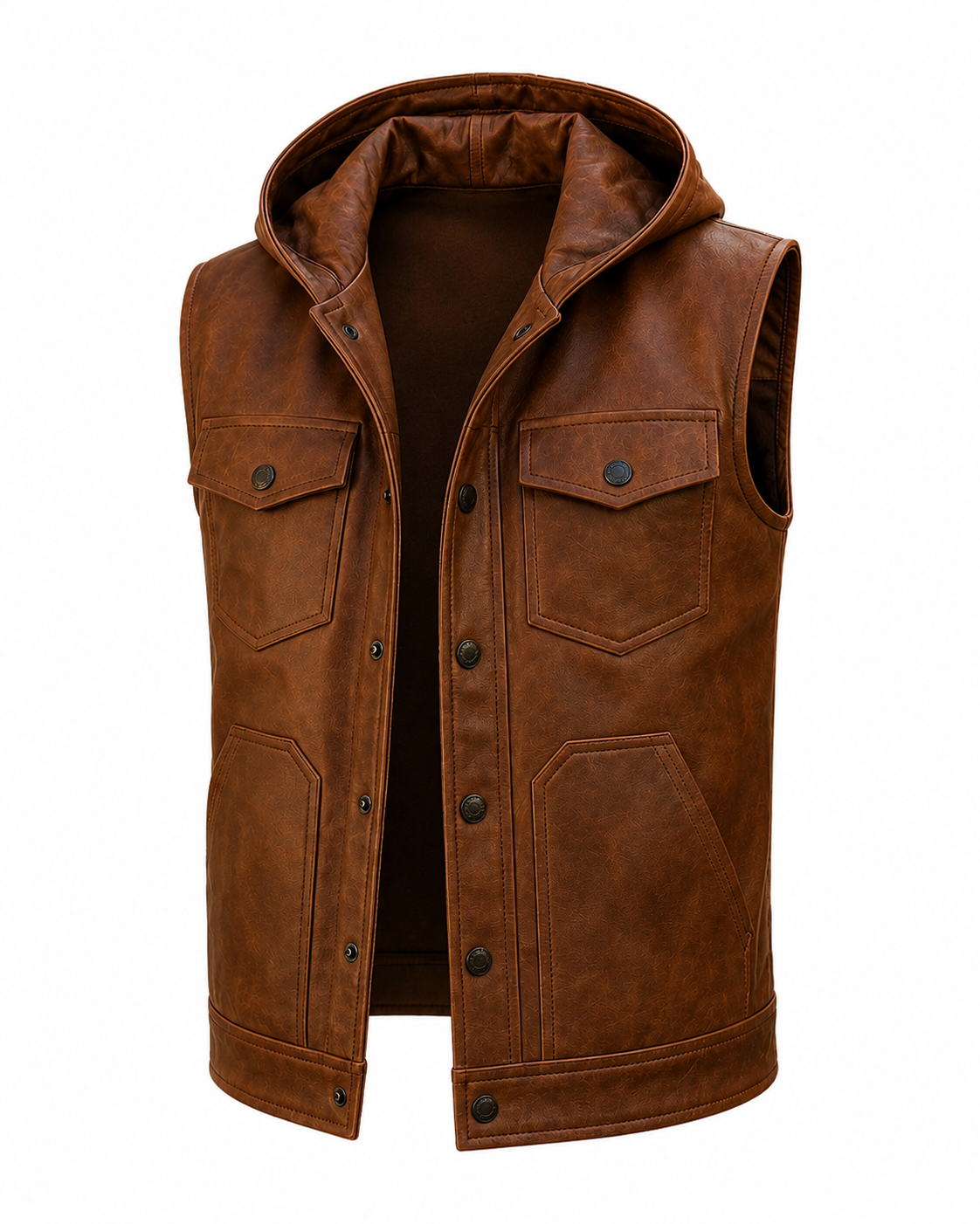 Men's Brown Leather Vest Hooded Casual Streetwear Slim Fit Button Front Sleeveless Vest