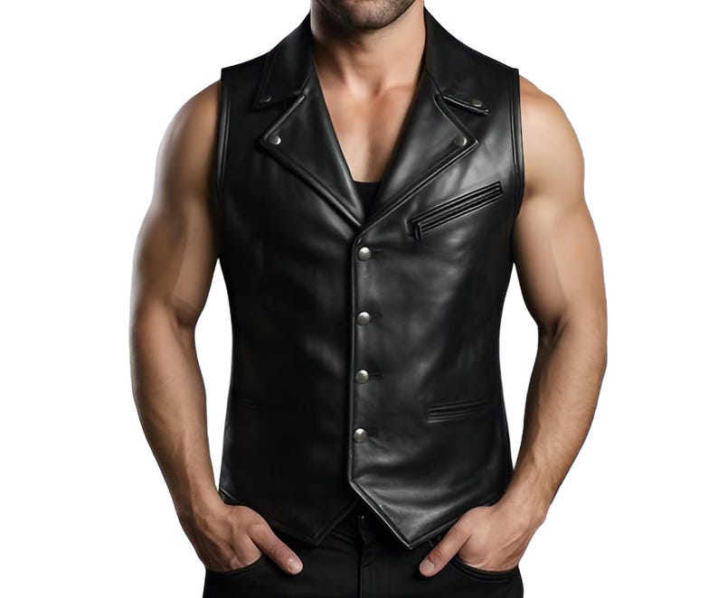 Men's Black Genuine Leather Biker Vest