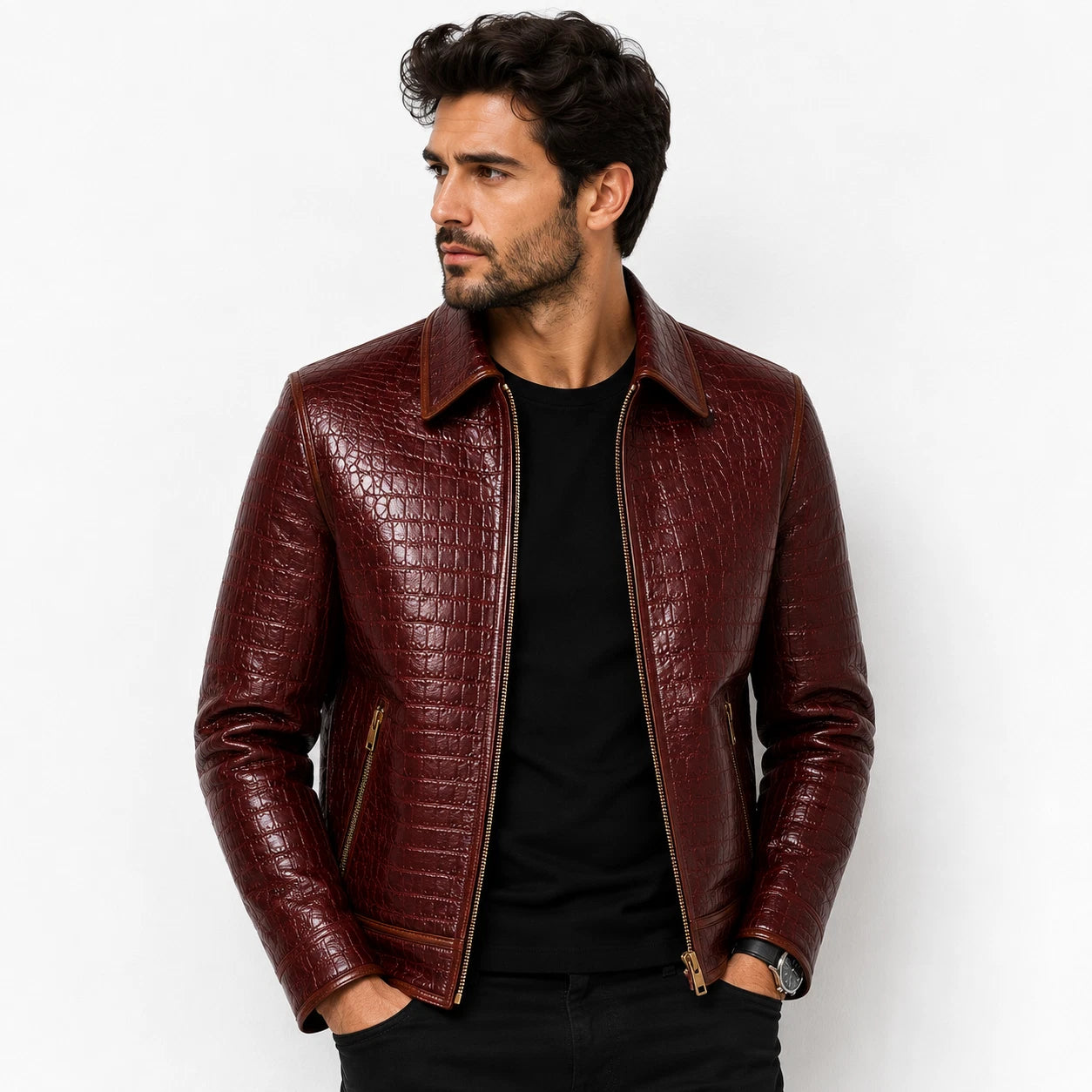 Mens Primium Leather Jacket Crocodile / Biker / Outerwear Jacket