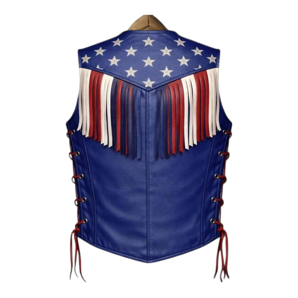 Men USA Flag Blue Leather Fringe Vest Laced Biker Motorcycle Vest
