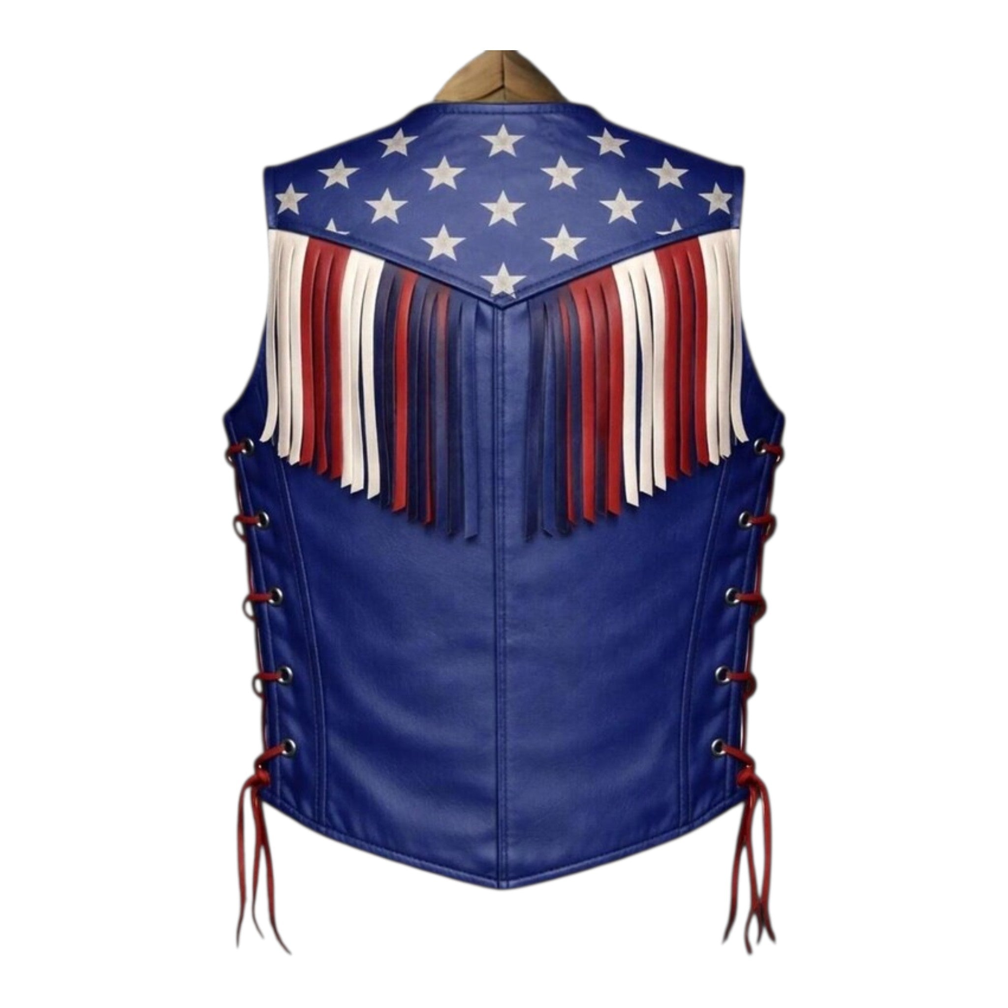 Men USA Flag Blue Leather Fringe Vest Laced Biker Motorcycle Vest
