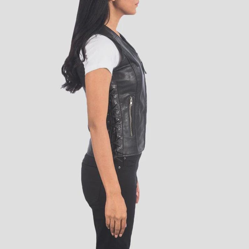 Women’s Black Genuine Leather Biker Vest, Lace Up Sides Slim Fit Vest