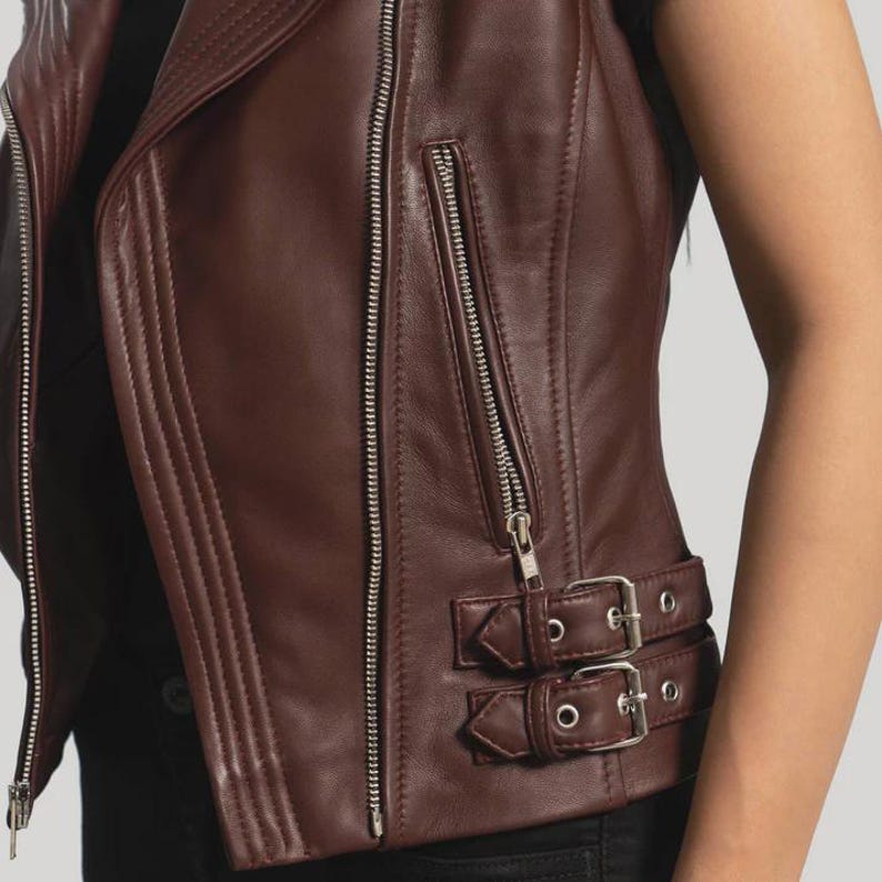 Women’s Maroon Leather Biker Vest Slim Fit Asymmetrical Zipper Moto Style