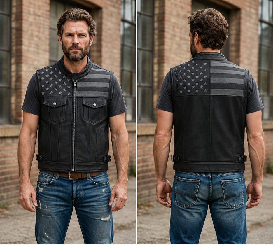 Men's Genuine Leather USA Flag Vest Motorcycle Biker Sleeveless Riding Vest