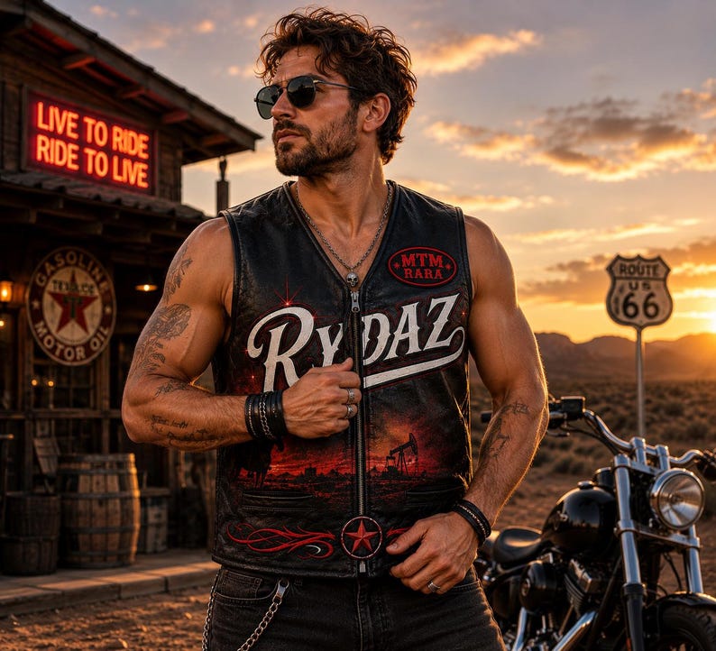 Men's Genuine Leather Biker Vest Black Western Digital Print Motorcycle Vest