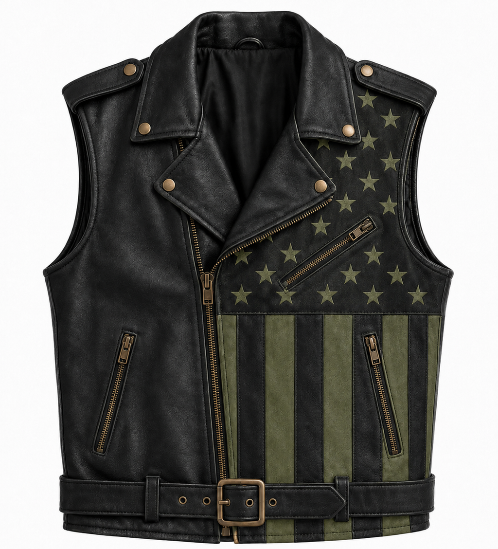 Men Genuine Leather USA Flag Vest Biker Motorcycle Belted Vest