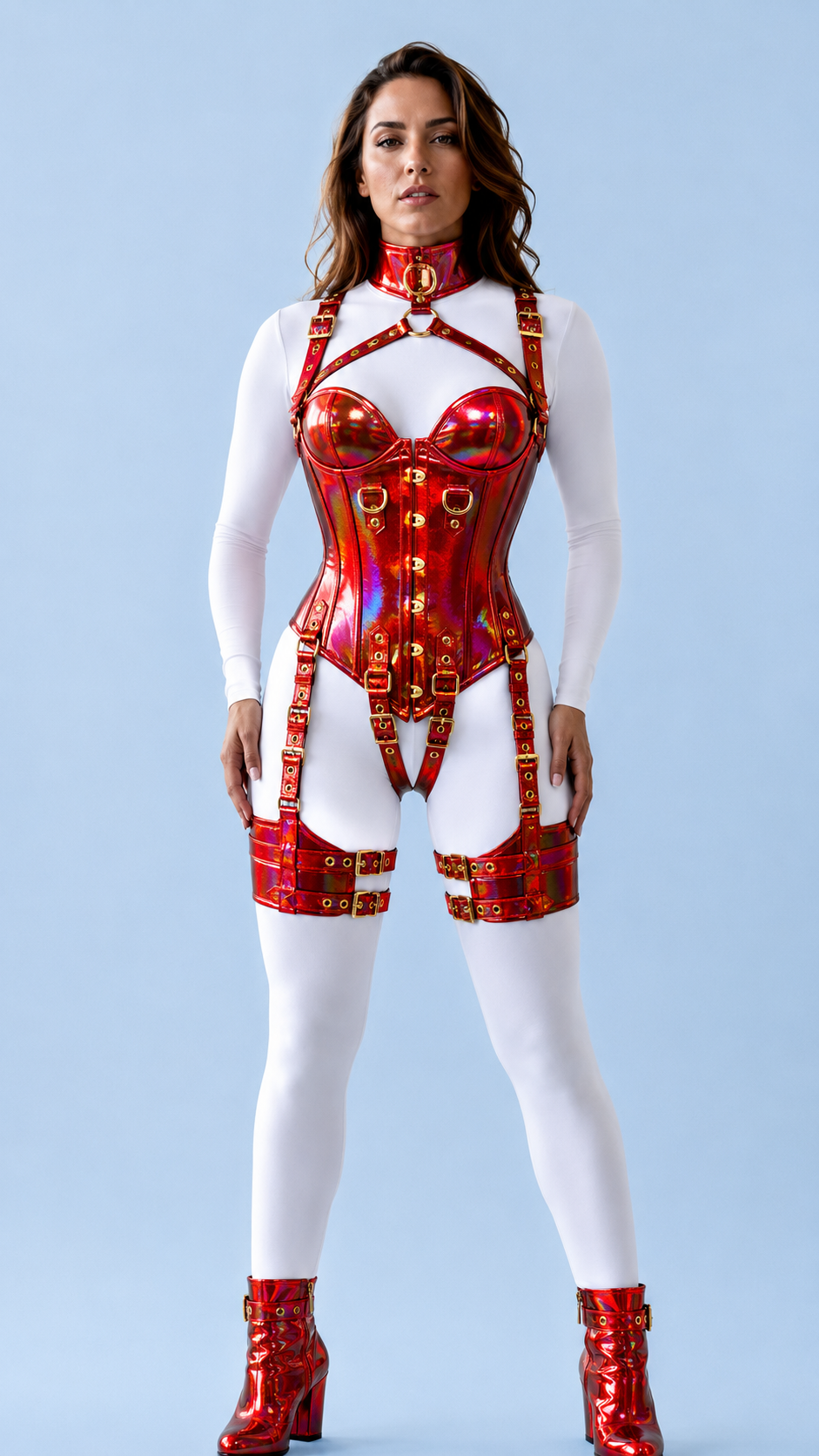 HOLOGRAPHIC PVC Leather OverBust Corset Set