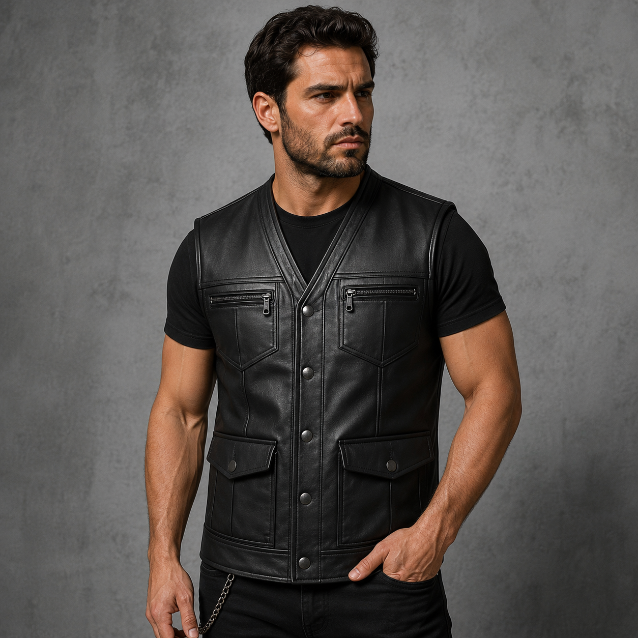 Men's Black Leather Vest Motorcycle Biker Snap Button Utility Slim Fit Sleeveless Vest