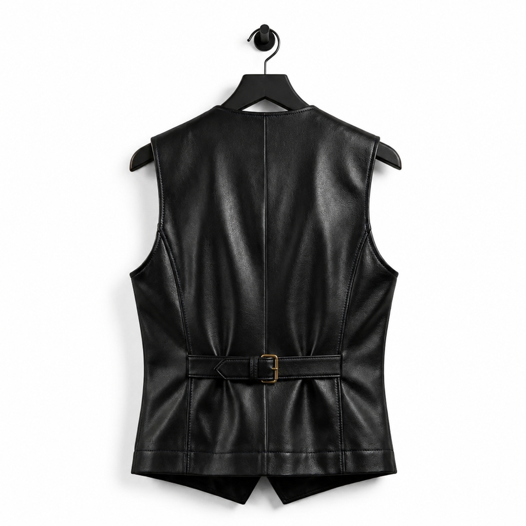 Women’s Black Genuine Leather Vest Button Front Slim Fit Sleeveless Classic Vest