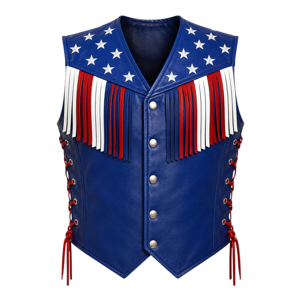 Men USA Flag Blue Leather Fringe Vest Laced Biker Motorcycle Vest
