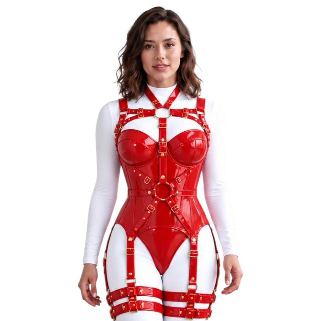 PVC Gloss OverBust Corset Harness Bodysuit Gothic Buckle Bustier Steampunk Fetish