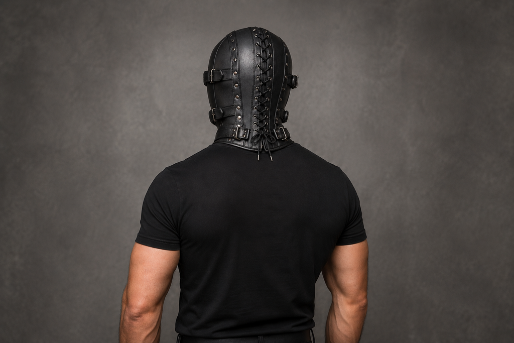Premium Black Leather Hood Mask with Removable Eye Shield & Adjustable Face Cover