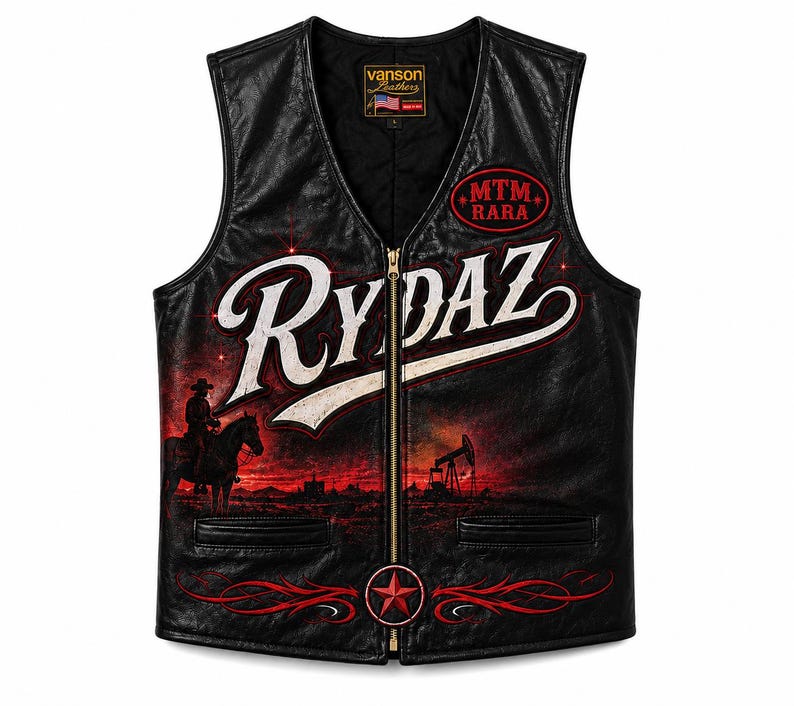 Men's Genuine Leather Biker Vest Black Western Digital Print Motorcycle Vest