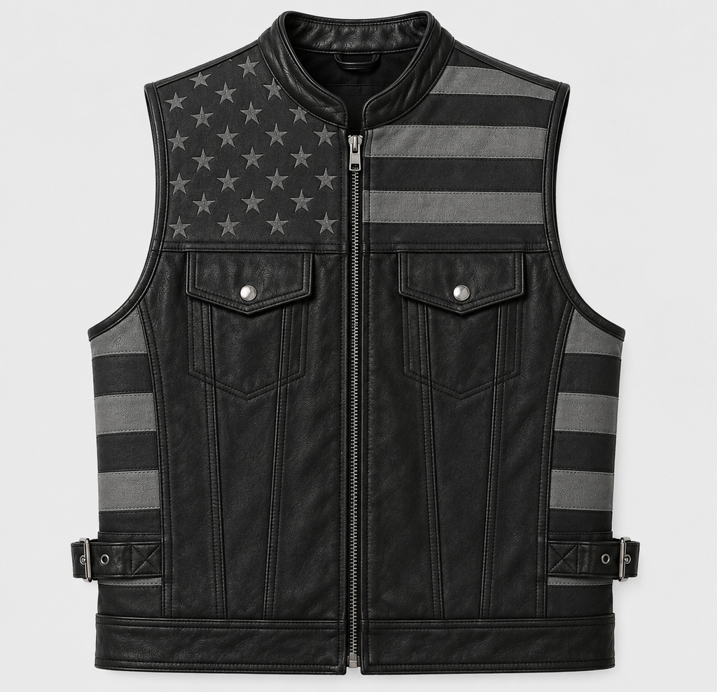 Men's Genuine Leather USA Flag Vest Motorcycle Biker Sleeveless Riding Vest