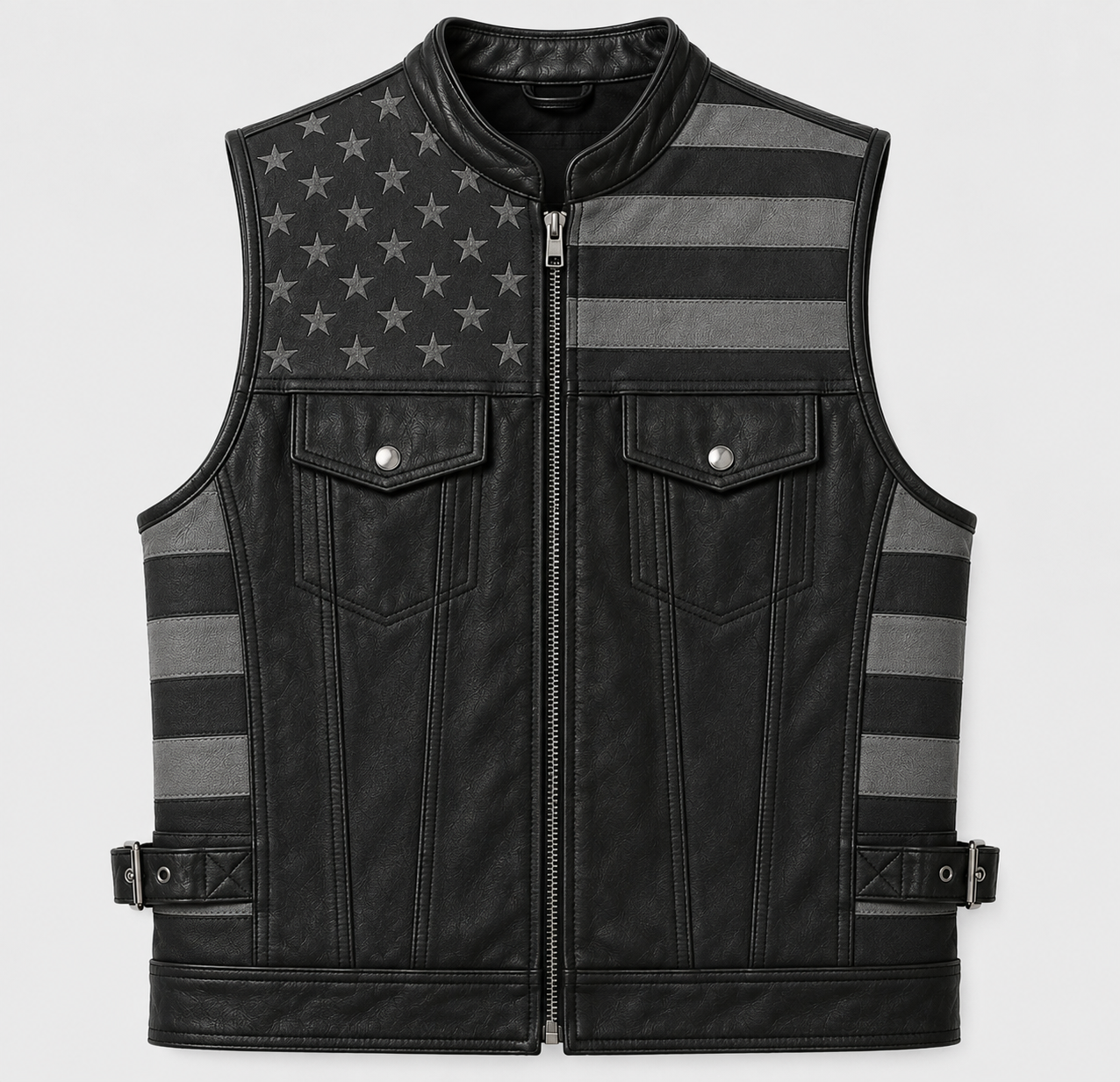 Men's Genuine Leather USA Flag Vest Motorcycle Biker Sleeveless Riding Vest
