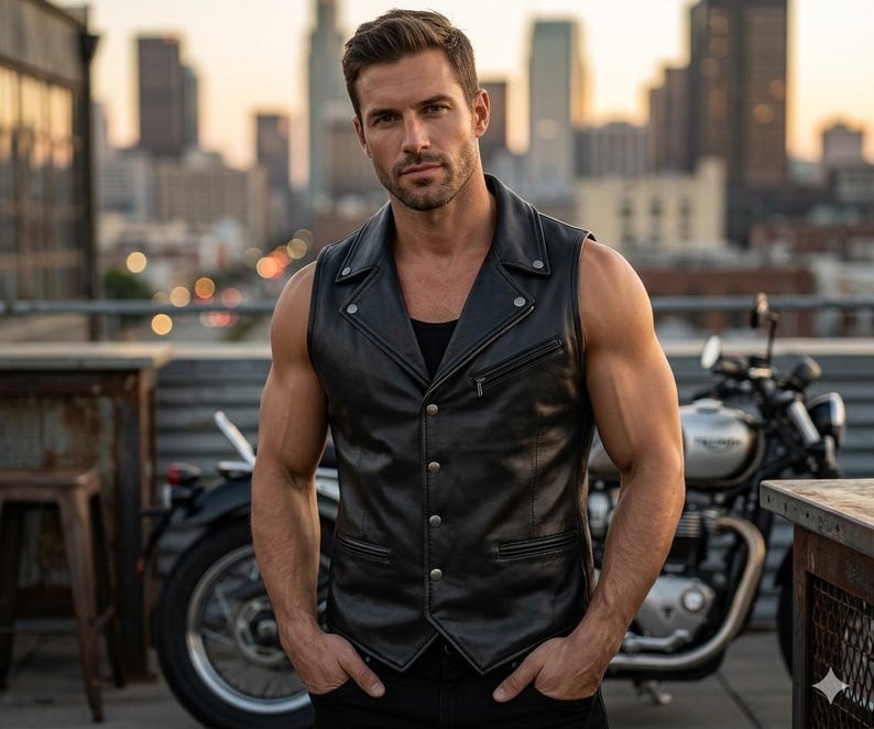 Men's Black Genuine Leather Biker Vest