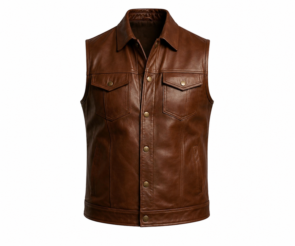 Men's Brown Leather Biker Vest - Handmade Trucker Style Moto Vest