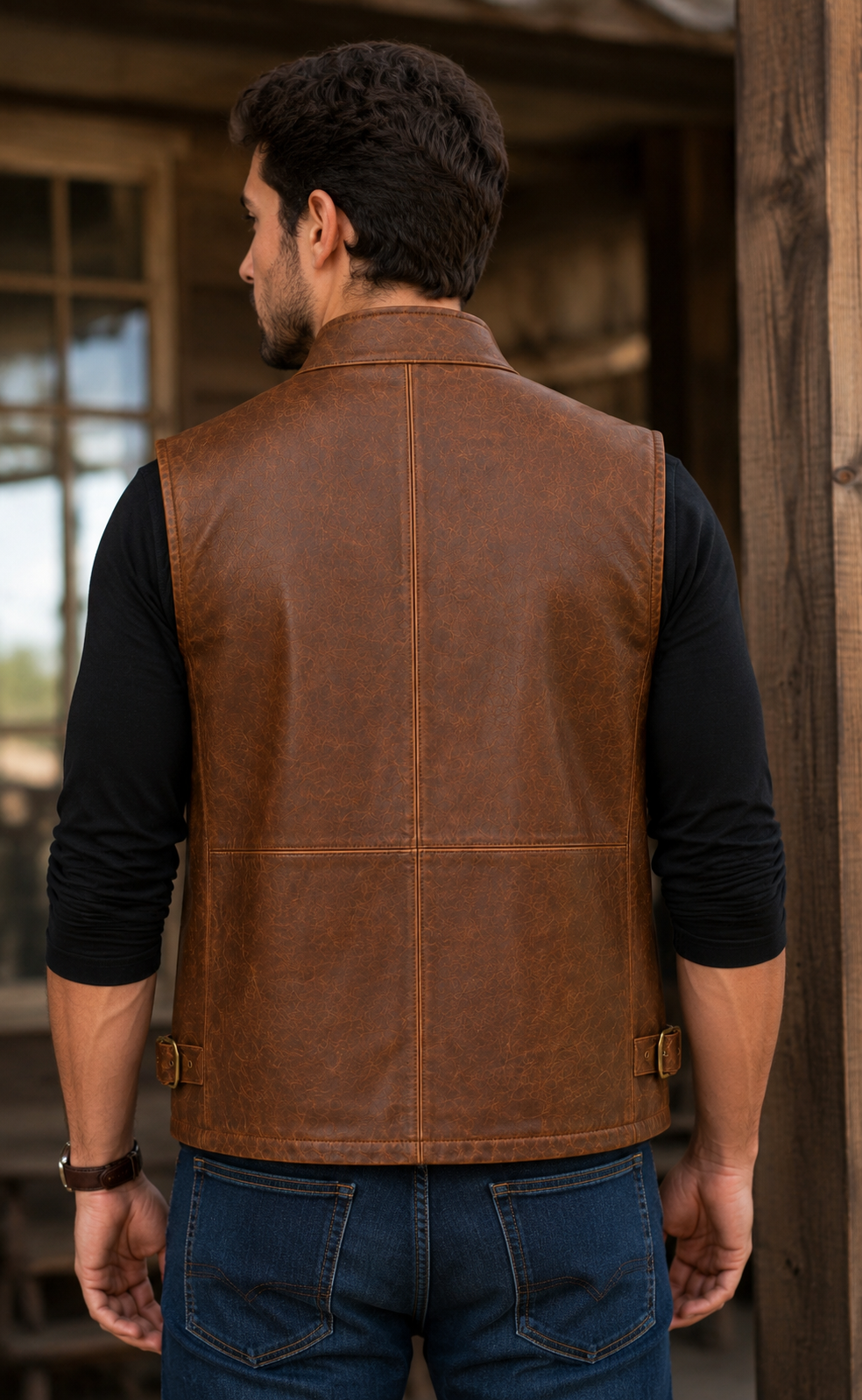 Men's Brown Leather Vest Casual Utility Outdoor Slim Fit Style Motorcycle Waistcoat Vest