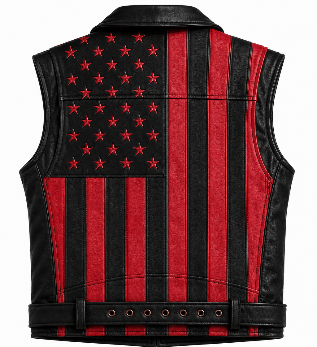 Men Genuine Leather USA Flag Vest Biker Motorcycle Belted Vest