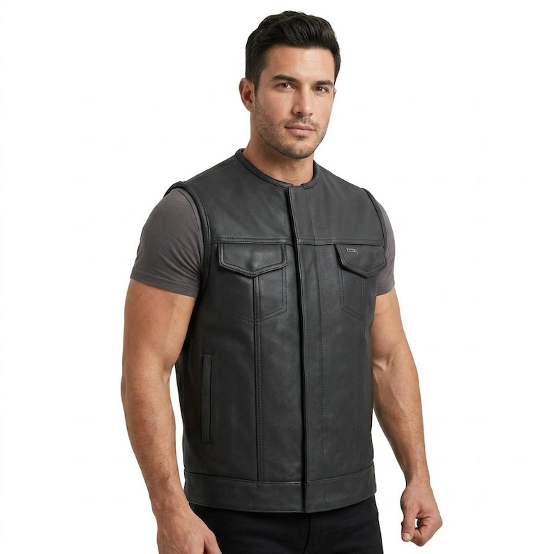 Men's Black Real Leather Vest Motorcycle Biker Slim Fit Casual Western Waistcoat Vest