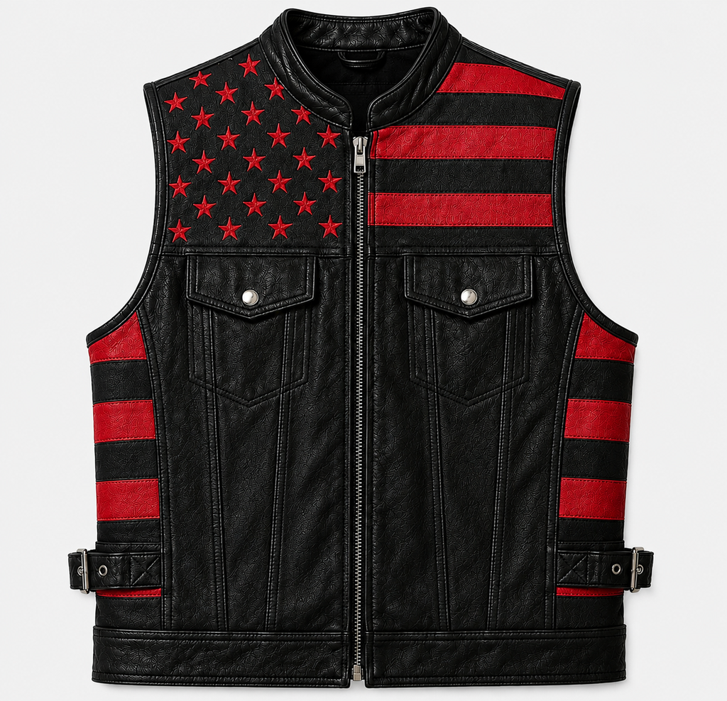 Men's Genuine Leather USA Flag Vest Motorcycle Biker Sleeveless Riding Vest