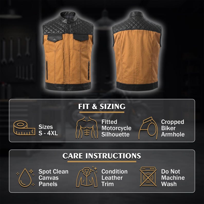 Men’s Black Canvas and Leather Motorcycle Vest | Club Style Biker Vest