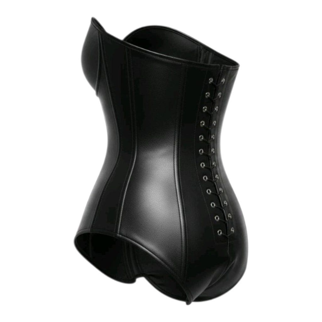 Women's Black Real Leather Corset Bodysuit Strapless Lace Up Bustier Gothic Top