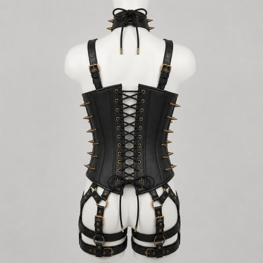 Women’s Leather Corset Harness Bodysuit Gothic Buckle Bustier Steampunk Fetish (With Studs)
