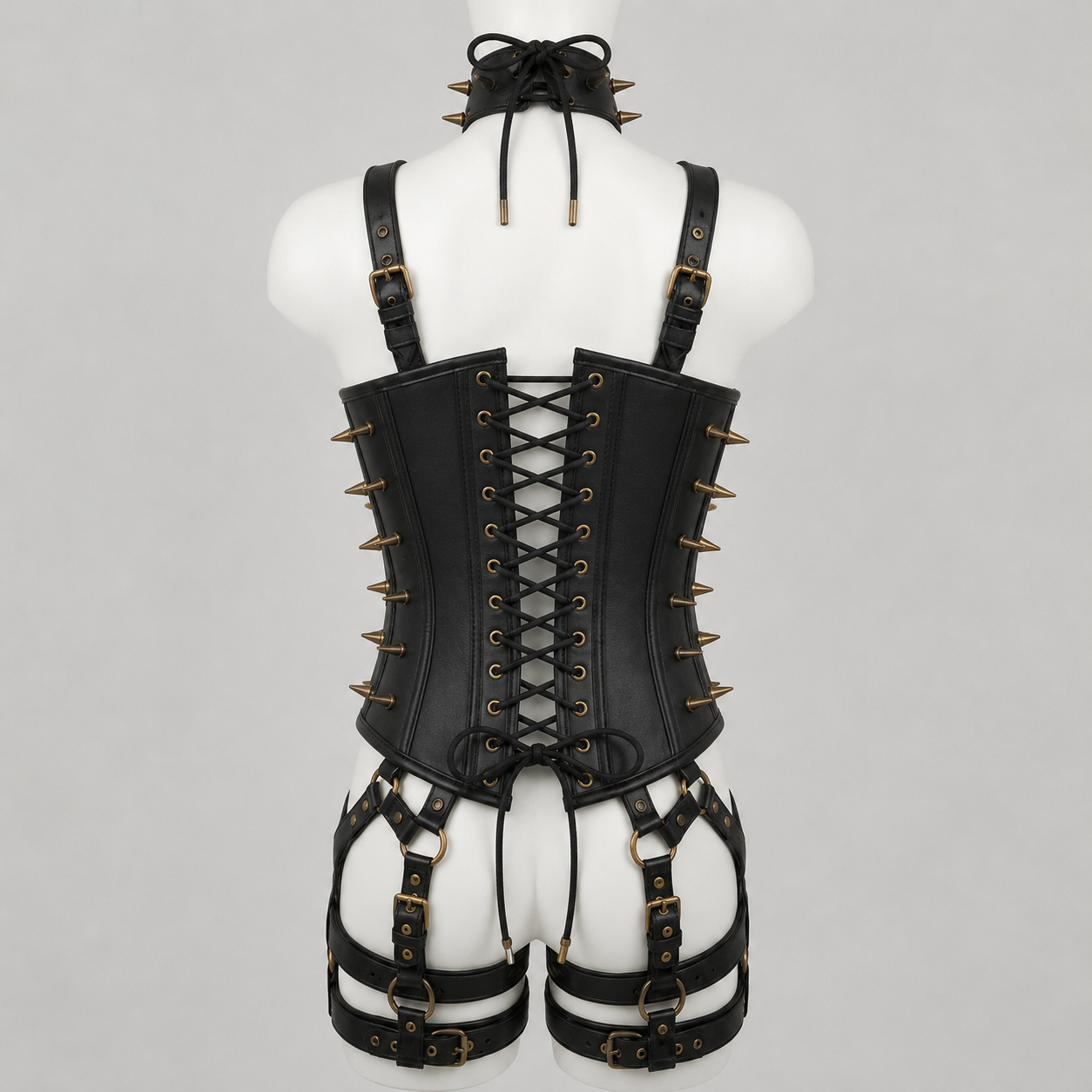 Women’s Leather Corset Harness Bodysuit Gothic Buckle Bustier Steampunk Fetish (With Studs)