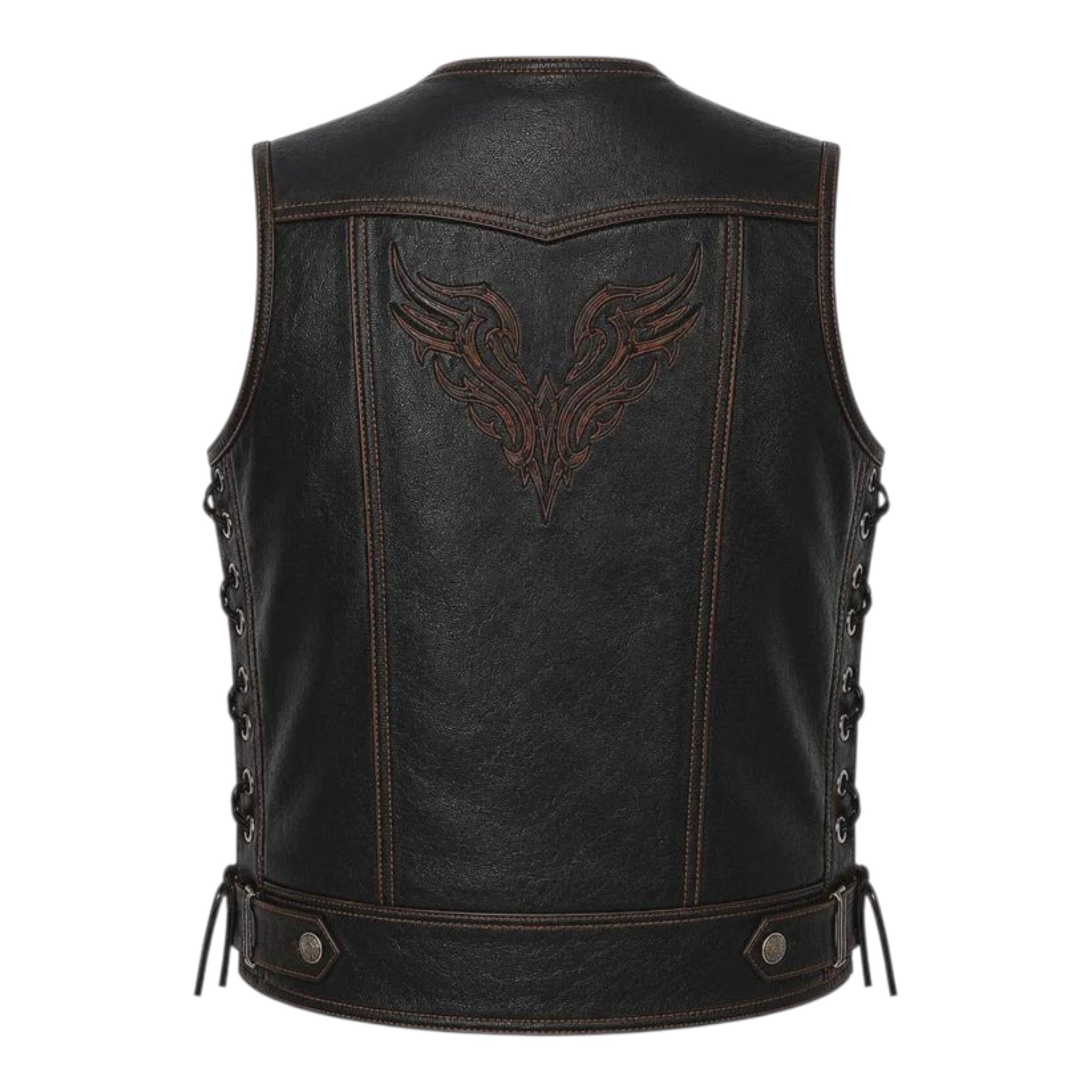 Mens Embroidered Genuine Leather Biker Vest Black Lace Up Western Riding Vest