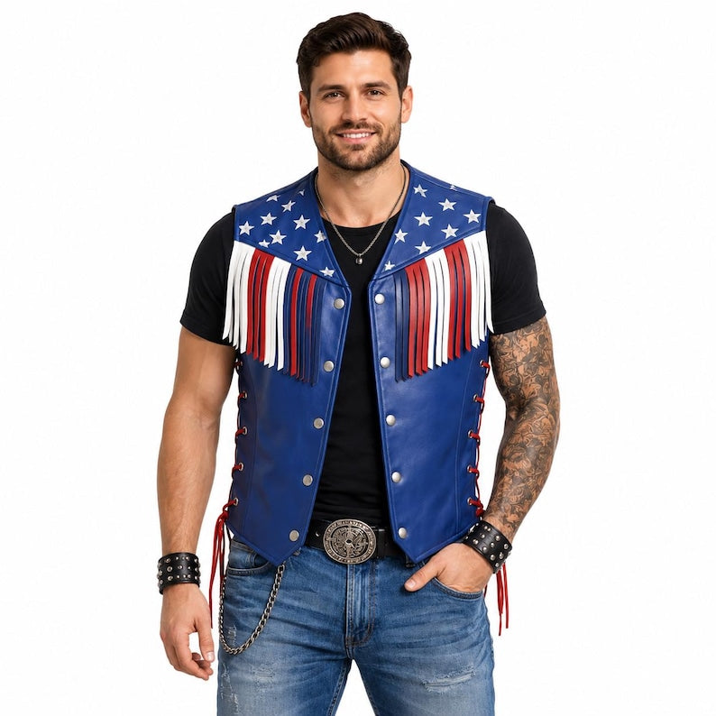 Men USA Flag Blue Leather Fringe Vest Laced Biker Motorcycle Vest