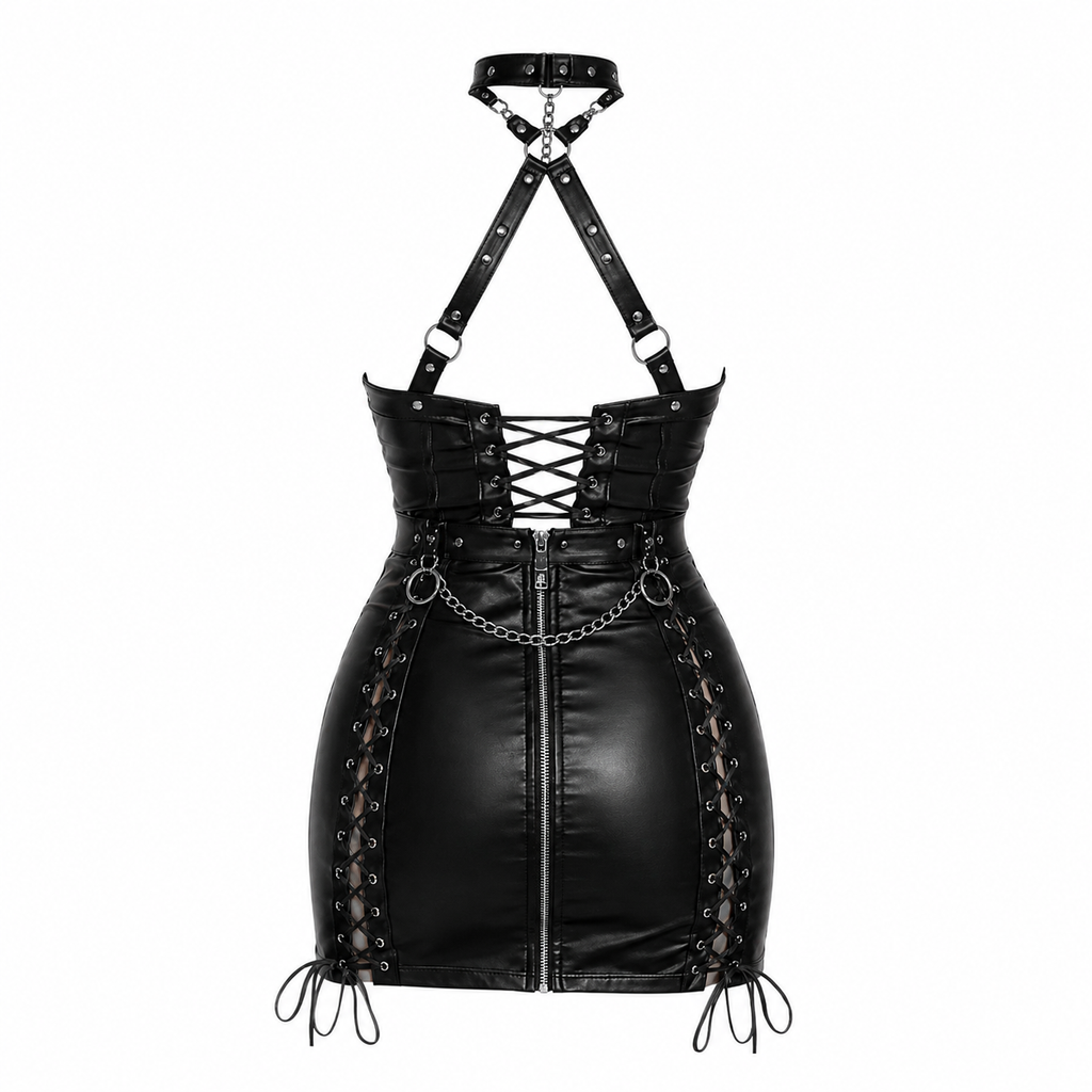 Women's Faux Leather Corset Mini Dress Gothic Punk Clubwear Lace-Up Zip