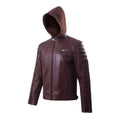 JACK- Men Leather Motorcycle Jacket Cowhide Cafe Racer Armor Riding Hooded Jacket