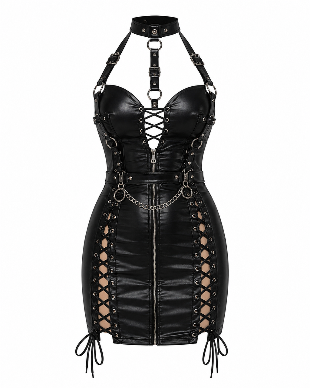 Women's Faux Leather Corset Mini Dress Gothic Punk Clubwear Lace-Up Zip