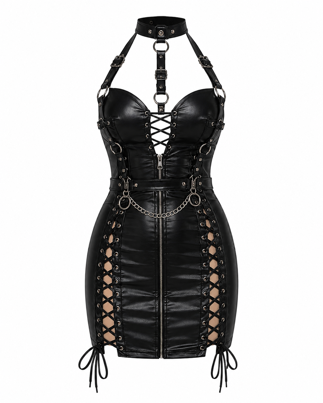 Women's Faux Leather Corset Mini Dress Gothic Punk Clubwear Lace-Up Zip
